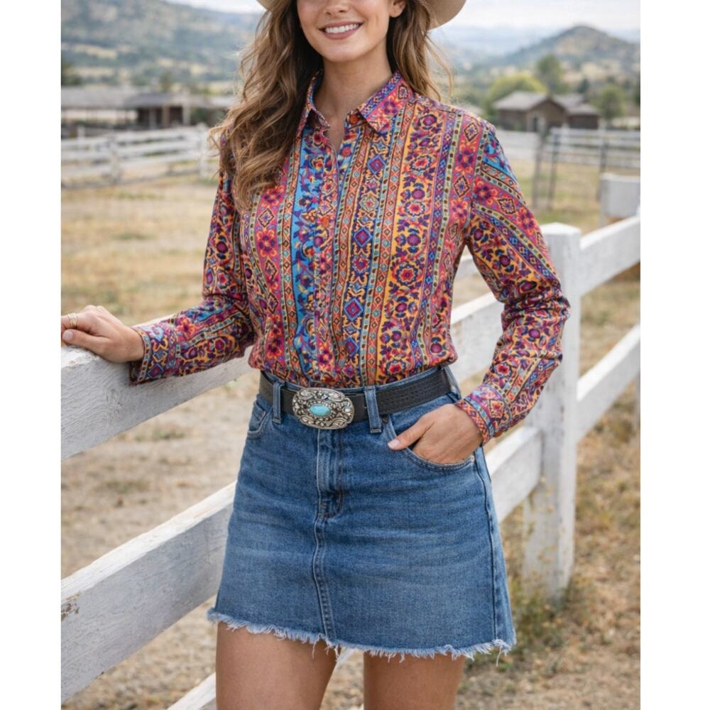 Vintage Western Wear Womens Button Up Size Small Bright Printed Boho Cowgirl